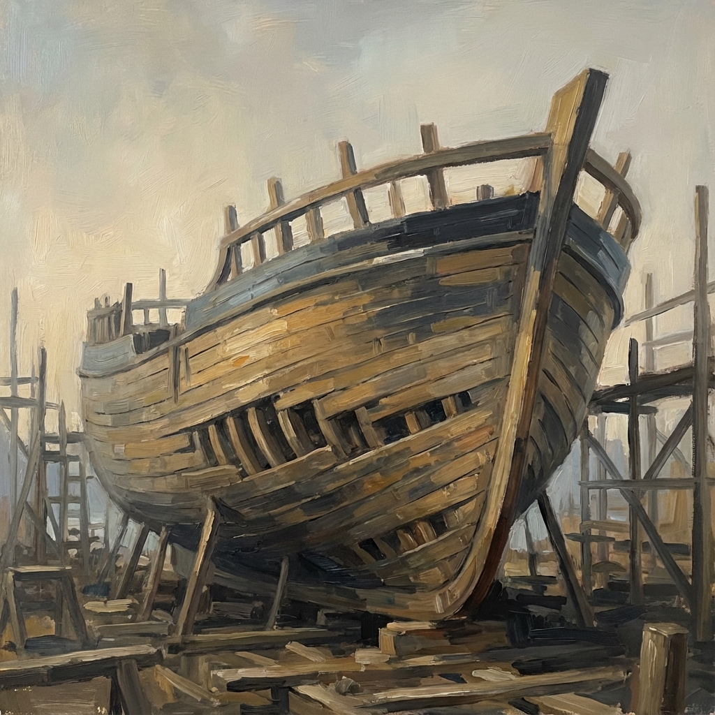Oil painting of vintage ship building