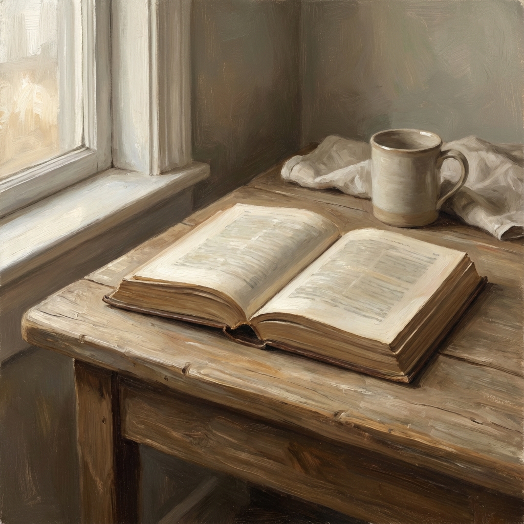 Oil painting of an open book on a wooden desk